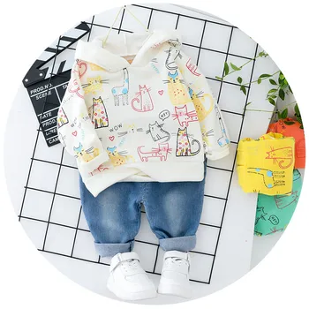 Módne detské oblečenie Baby boy Jeseň Dieťa roztomilý vyhovovali Batoľa chlapec bunda s kapucňou džínsy dvoch-dielny oblek