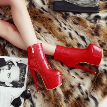 Módne Členkové Topánky Ženy Platformu Kožené Krátke Topánky, Sexy Lady Extrémne Vysoké Podpätky, Červené Topánky Strany Topánky Žena, Veľká Veľkosť 48