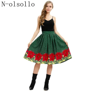 N-olsollo Faldas Mujer Moda 2019 Vianočné Sukne Nové Módne 3D Tlač Midi Sukne Ženy Elastický Pás podkolienok Skladaná Sukňa