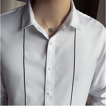 Na jar a na Jeseň Nové Mužov Pruhované Tričko s Dlhým Rukávom White Black Male Top Fashion Slim Camisa S-XXXL