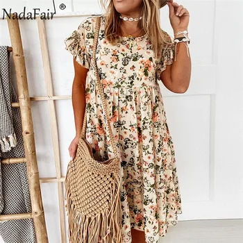 Nadafair Vintage Kvetinový dámske Šaty s Krátkym Rukávom Skladaný Príležitostné Voľné A-Line Mini Vestidos 2021 Boho Pláži Letné Šaty