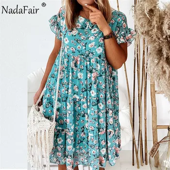 Nadafair Vintage Kvetinový dámske Šaty s Krátkym Rukávom Skladaný Príležitostné Voľné A-Line Mini Vestidos 2021 Boho Pláži Letné Šaty