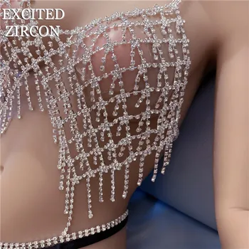 NADŠENÝ ZIRKÓN sexy strapec drahokamu crystal luxusné módne telo reťazca podprsenka tangá nočný klub bikini šperky hrudník pás reťazca