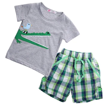 Najmladšie Dieťa Deti Chlapcov Cattton Krokodíla Krátky rukáv T-shirt +Kockované Nohavice Letné Oblečenie Súbor 1-7Y