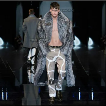 Najznámejšie značky mužov Imitácia líška srsť srsť dlhá design eco-friendly kožušinový kabát mužov hrubé faux kožené vlna mužskej vrchné oblečenie
