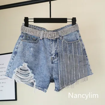 Nancylim Hot Pants 2021 Lete Nových kórejských Žien Široké Nohy Otvory Vysoký Pás Voľné Lemovaný Džínsy, Krátke Dievčatá Lady
