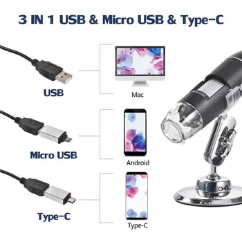 Nastaviteľné 1600X 2MP 1080P 8 LED Digitálny Mikroskop Typ-C/Micro USB zväčšovacie sklo Elektronické Stereo USB Endoskop Pre Telefón, PC