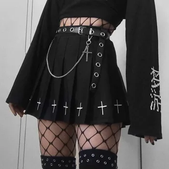 NCLAGEN Ženy Gotický Čierny Kríž Tlačiť Vysoký Pás Punk Skladaný Mini Sukne Streetwear Koláž Lolita dievèa Bodycon Harajuku Sukne