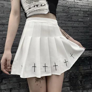 NCLAGEN Ženy Gotický Čierny Kríž Tlačiť Vysoký Pás Punk Skladaný Mini Sukne Streetwear Koláž Lolita dievèa Bodycon Harajuku Sukne