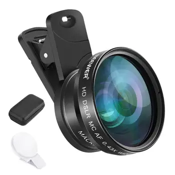 Neewer Telefón Objektív Fotoaparátu Klip-na Mobil Objektív Fotoaparátu Kit - 0.43 x širokouhlý Objektív, 15x Makro Objektív Objektív Klip, Mini LED Svetlo
