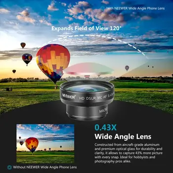 Neewer Telefón Objektív Fotoaparátu Klip-na Mobil Objektív Fotoaparátu Kit - 0.43 x širokouhlý Objektív, 15x Makro Objektív Objektív Klip, Mini LED Svetlo