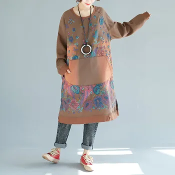 Neforemné Dlhé Šaty Žena Japonskom štýle Vytlačené Roztomilý Plus Veľkosť Bat Rukáv Šaty Patchwork Veľké vrecko Veľkými Vintage Oblečenie