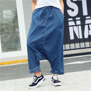 Neforemné nohavice Harajuku módne hip hop rifle elastický pás tlačidlo strane denim Členok-dĺžka nohavice plus veľkosť Blue Denim Joggers 5022