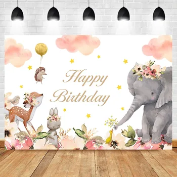 NeoBack Zvierat Tému Happy Birthday Pozadie Cute Elephant Ježko Narodeniny Foto Pozadie Dezert Tabuľka Fotografické Rekvizity