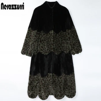 Nerazzurri Dlho leopard patchwork umelú kožušinu kabát ženy venuša výbava Zimné oblečenie žien 2020 Teplé mäkké falošné kožuchy pre ženy