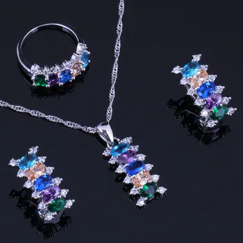 Neuveriteľné Multi-Gem Multi-Farebné Cubic Zirconia Strieborné Pozlátené Šperky, Náušnice, Sety Prívesok Reťazca Krúžok V0300