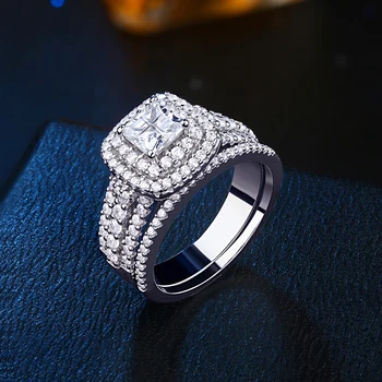 Newshe 925 Sterling Silver Halo Svadobný Prsteň Pre Ženy Elegantné Šperky Princezná Cross Cut Cubic Zirconia Zásnubné Prstene