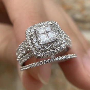 Newshe 925 Sterling Silver Halo Svadobný Prsteň Pre Ženy Elegantné Šperky Princezná Cross Cut Cubic Zirconia Zásnubné Prstene