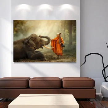 NEZIŠTNE HD Thajsko Tlač Maľovanie Slon Mních, Pešia Turistika s Šikovného Slon v Lese Pre Spálne Domova