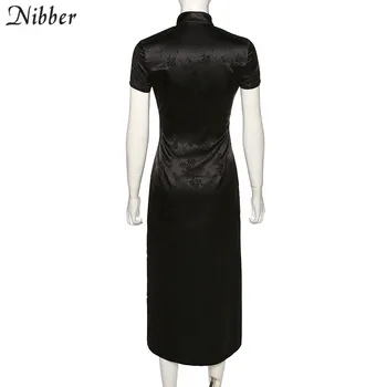 NIBBER čierna strana dlhé šaty žien krátkym rukávom high-krku šaty čínsky štýl, nový rok dovolenku elegantné, sexy štýl 2020