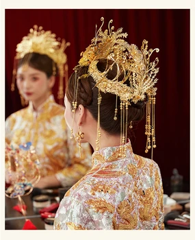 NiuShuya Retro Nevesta Pokrývku Hlavy Zlatý Páv Kostým Headdress Čínsky Ohnivák Coronet Vlasy Ornament Cheongsam Fáze Vlasy Tiara