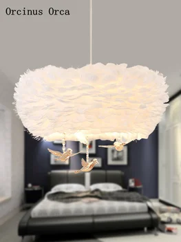 Nordic Cartoon Crystal Vtáčie Pierko Luster detskej Izby, Spálne, Moderná Jednoduchý Sen LED Biele Pierko Luster