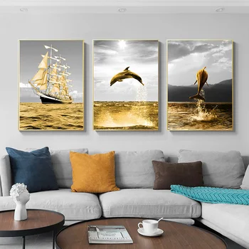 Nordic Plachetnici Wall Art Plátno Oceán Tlač Maľovanie Dolphin Plagáty Moderná Obývacia Izba Domáce Dekorácie