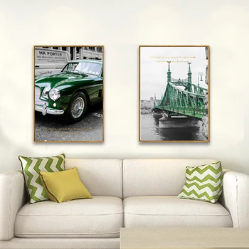Nordic Vintage Zelený Vláčik Most Plátne Obrazy Priemyselné Štýl Plagáty Dekoratívne Auto Vytlačí Wall Art Obrázky Obývacia Izba