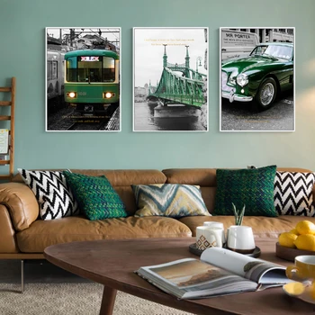 Nordic Vintage Zelený Vláčik Most Plátne Obrazy Priemyselné Štýl Plagáty Dekoratívne Auto Vytlačí Wall Art Obrázky Obývacia Izba