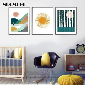 Nordic Štýl Abstraktné Čiary Slnko Plagáty a Vytlačí Tretie Line Wall Art Lesa obrazov na Stenu pre Obývacia Izba Domova