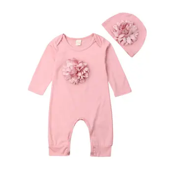 Novorodenca Dievča Oblečenie 3D Kvet Romper Jumpsuit Celkovo Klobúk Oblečenie Nastavenie 0-18 M