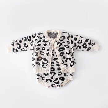 Novorodenca Dievča Romper Bavlna Dieťa Cardigan Sveter Romper Dieťa Dievča Oblečenie Na Jeseň Leopard Pletené Detské Oblečenie Jumpsuit
