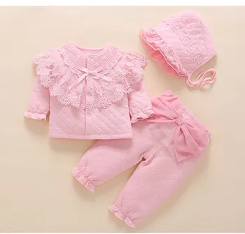 Novorodenca dievča spadajú zimné oblečenie, oblečenie & set Stredne hrubé teplé polstrovaný top vrchné oblečenie+nohavice+klobúk ružovej čipky princezná oblečenie