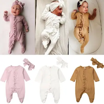 Novorodenca Dieťa Bavlna Footies jumpsuit +Vedúci kapely dlhý rukáv rozstrapatené pevnej bavlny pohodlné dieťa dievča oblečenie 0-12M