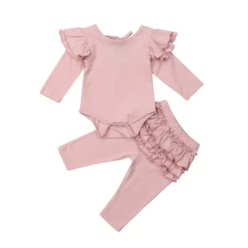 Nové 0-18 Novorodenca Baby Dievčatá Oblečenie 2KS Volániky s Dlhým Rukávom Ružové Romper Topy+Vrstvená Elastický Pás Nohavice