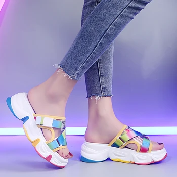 Nové 2020 Rainbow Jediným Flip Flops Ženy Papuče Típat Prst Gumy Kliny Topánky pre Ženy Topánky Letné Sandále na Platforme Ženy, 5cm
