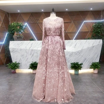 Nové 2021 Arabské Moslimské Dlhý Rukáv Celebrity Šaty Dubaj Elegantné Vysoká Krku Lištovanie Formálne Večerné Party Šaty Real Video L5481