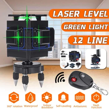 NOVÉ 3D Zelená 12 Riadkov Laser Úroveň Self-Vyrovnanie Bezdrôtové Diaľkové 360 Horizontálne Vertikálne Kríž Linky S Batériou & Stenu