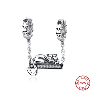 Nové 925 Sterling Silver Charms Korálky Roztomilé Mačka Ležiace Swing Jasné, CZ Fit Pandora Originálne Náramky Ženy Diy Šperky