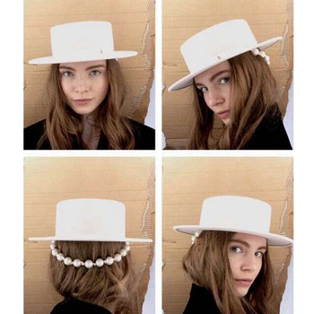Nové Anglicko socialite lady o klobúk biela vlna plstený klobúk strany podstate absorpcie prílivu flat top hat