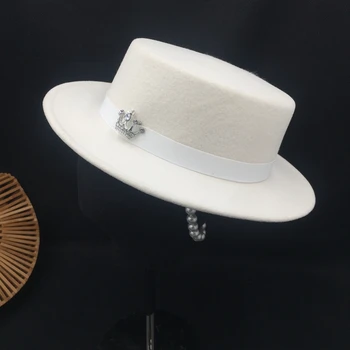 Nové Anglicko socialite lady o klobúk biela vlna plstený klobúk strany podstate absorpcie prílivu flat top hat