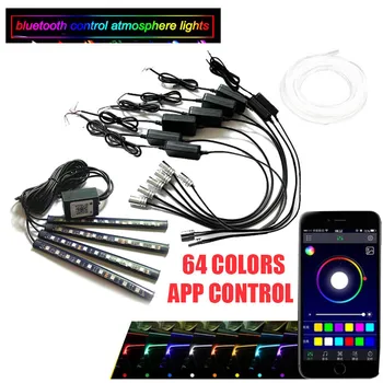 Nové Auto Okolitého Svetla Nohy Lampa RGB (8 + 4) s 10M Optických Vlákien 64colors Led Bezdrôtového pripojenia Žiadne rezanie Závitov App Control