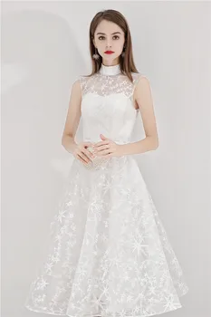 Nové biele čínske golier polovici teľa sweet lady dievča ženy princezná bridesmaid, hostiny, párty party šaty šaty