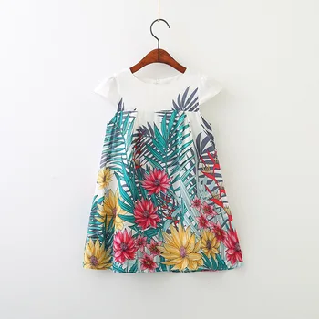 Nové dievčenské šaty na leto listy kvetov vytlačené na riad Deti lietania rukávy vesta šaty detské oblečenie Narodeniny Kostým