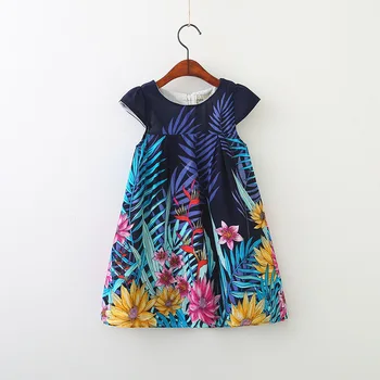 Nové dievčenské šaty na leto listy kvetov vytlačené na riad Deti lietania rukávy vesta šaty detské oblečenie Narodeniny Kostým