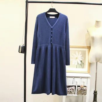 Nové dámske jesenné zimné plus veľkosť midi sveter šaty pre ženy, veľký, dlhý rukáv voľné modrej prehrabať skladaný šaty 4XL 5XL 6XL
