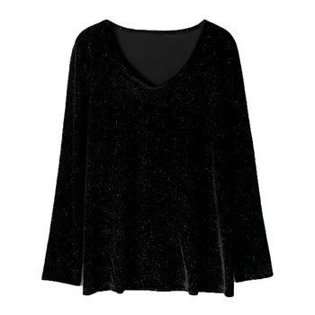 Nové dámske jesenné zimné plus veľkosť topy pre ženy veľký, dlhý rukáv voľné V krku sequin čierne tričko 3XL 4XL 5XL 6XL 7XL 8XL