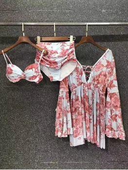 Nové dámske sukne štýl tri-kus split plavky,sexy módne pláži plavky,push-up prsia pad bikiny, kvetinový vzor