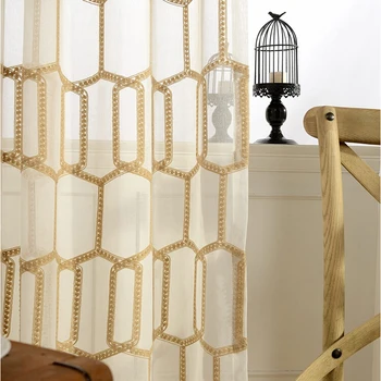 Nové Honeycomb Výšivky Voile Okenné Záclony Panely Zlatá Farba Geometrické Úplnej Tylu Proces Vlastná Veľkosť pre Obývacia izba