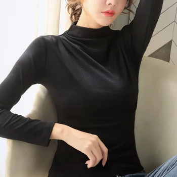 Nové jarné a jesenné dámske jednofarebné vysoký krk dlhý rukáv čistej bavlny T-shirt klesnutie tričko šedej